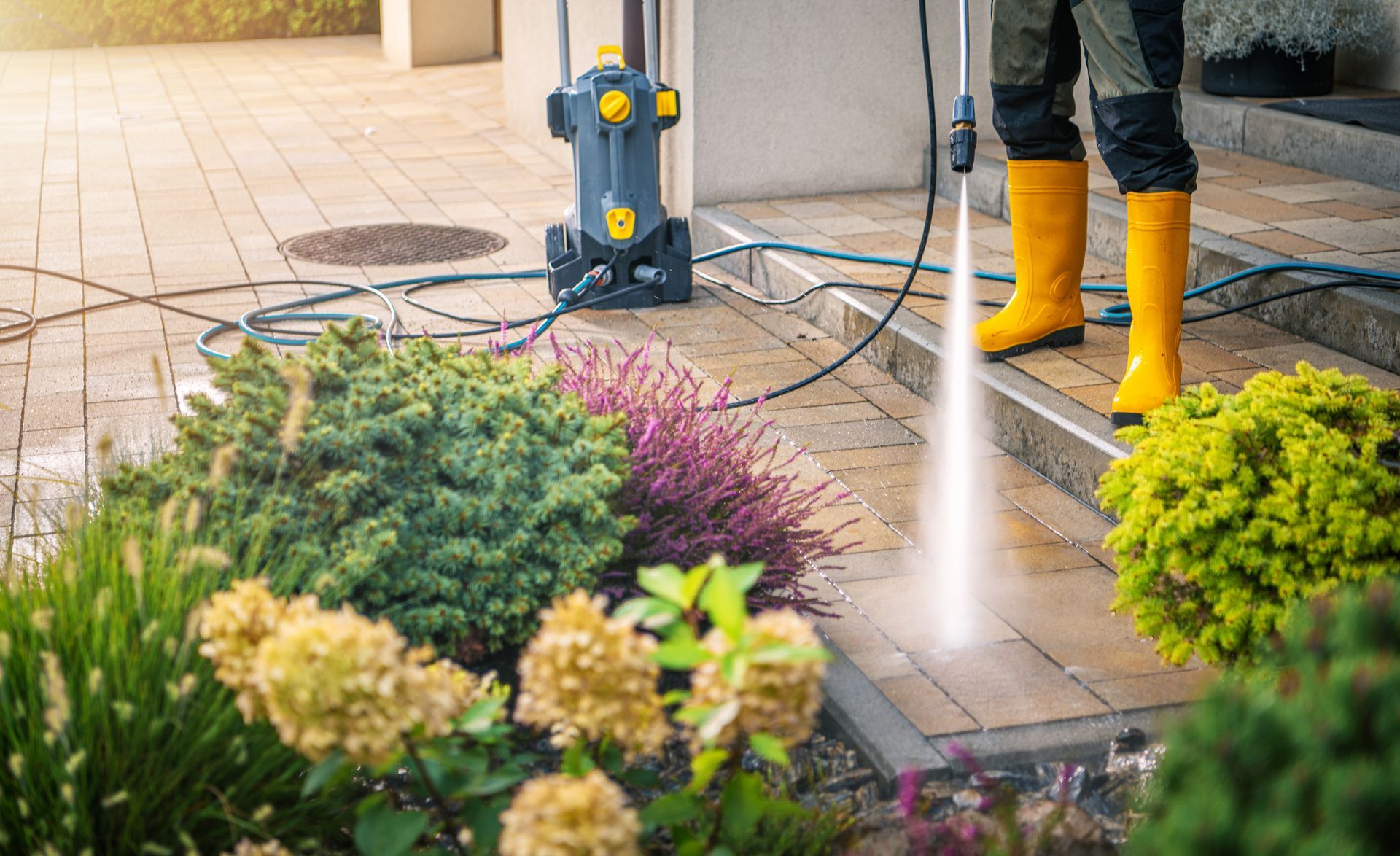 Cleaning outdoor patio with a pressure washer.
