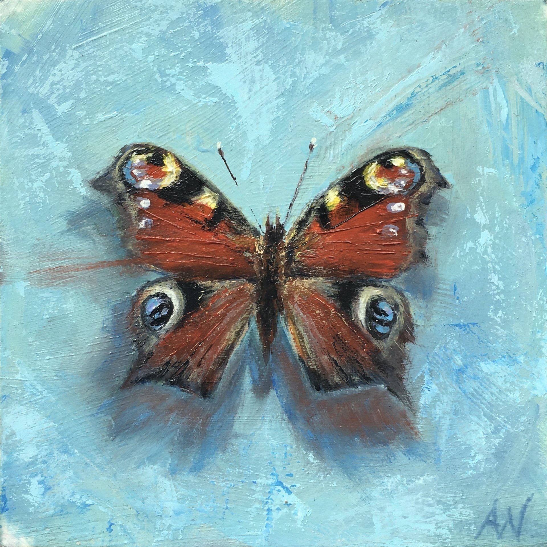 A painting of a European Peacock butterfly on a blue background.