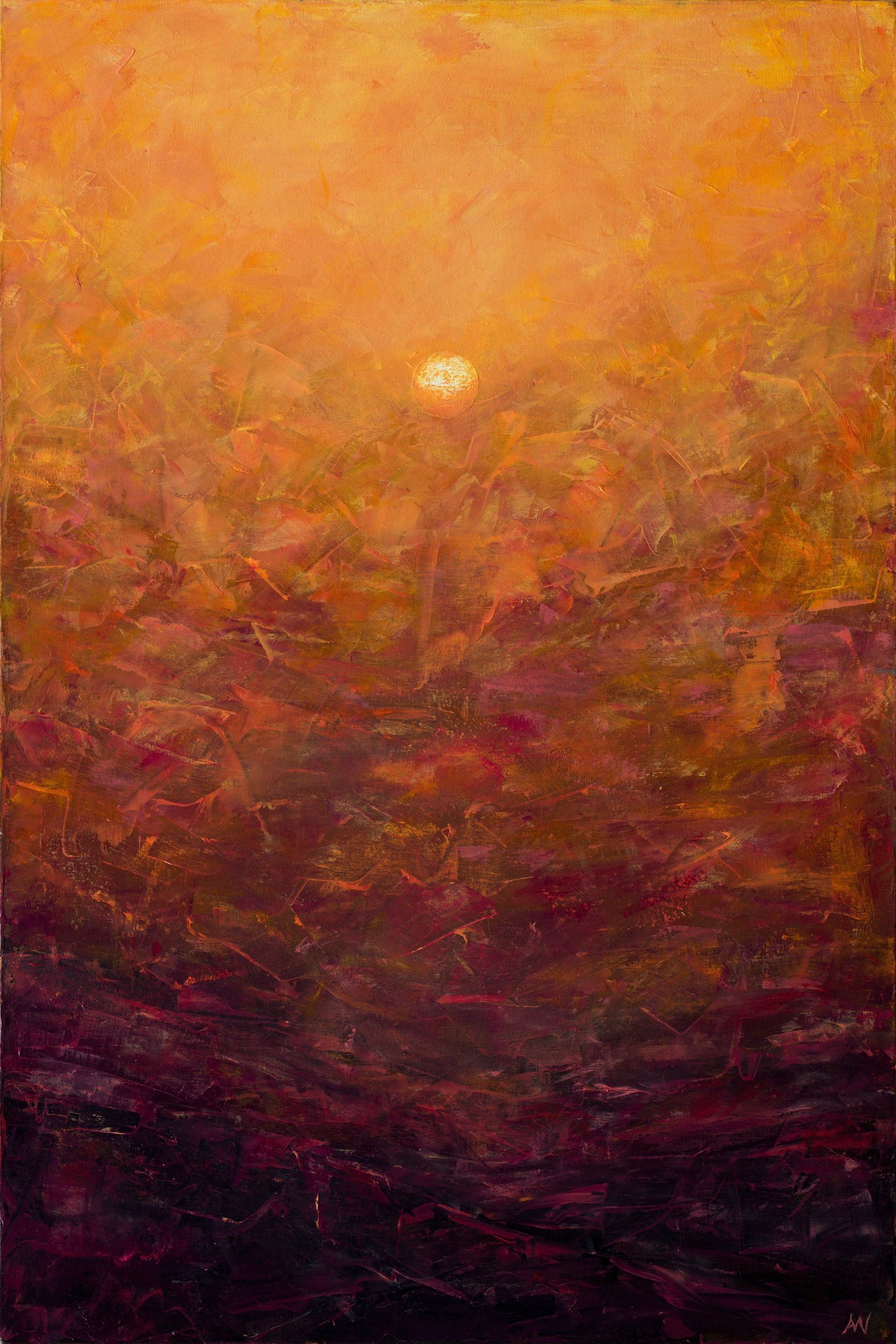 A painting of an orange and yellow sunset in a sandstorm.