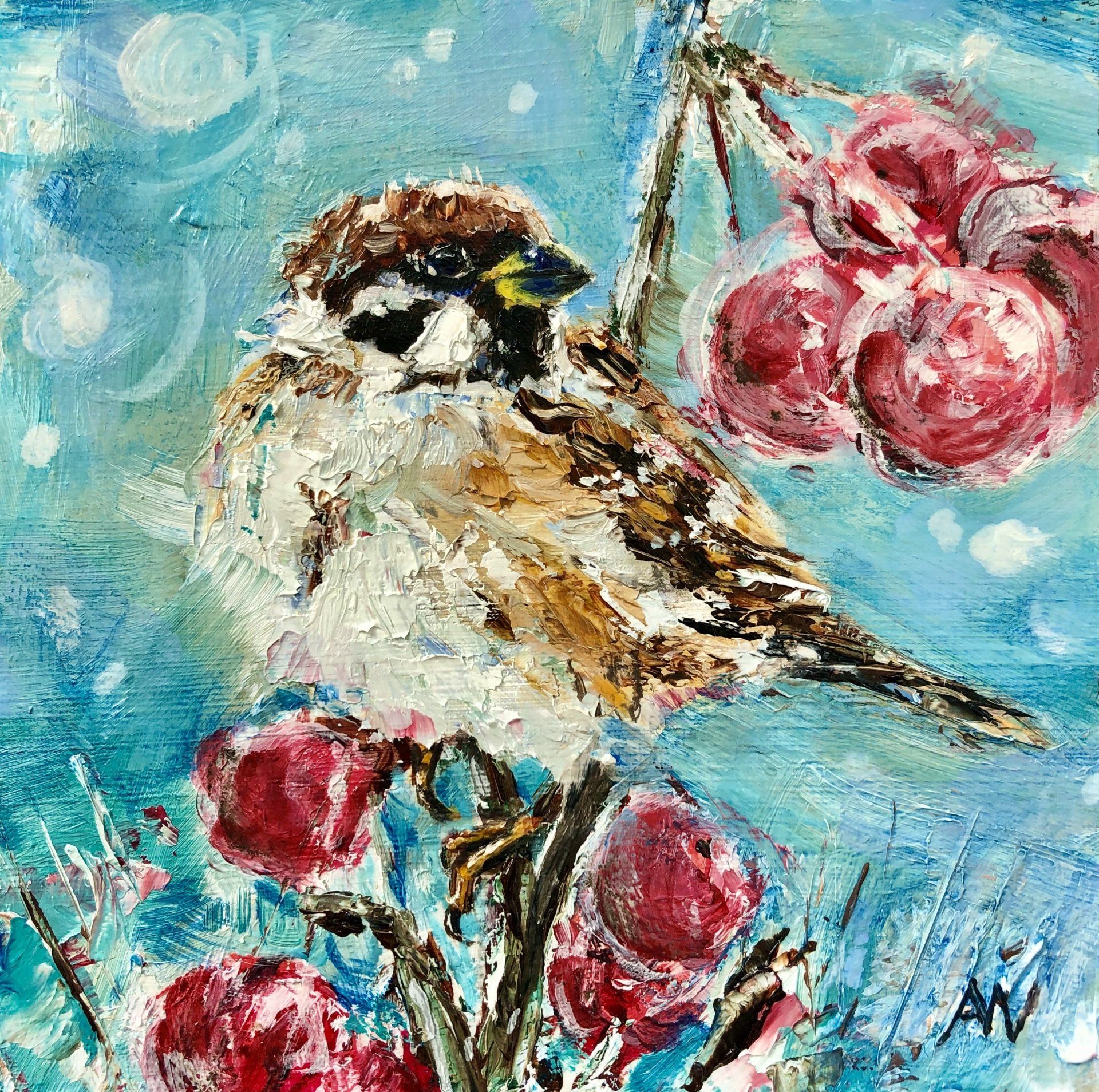 roodborstje, schilderij van een roodborstje, painting of a robin, robin, bird painting, kingfisher painting