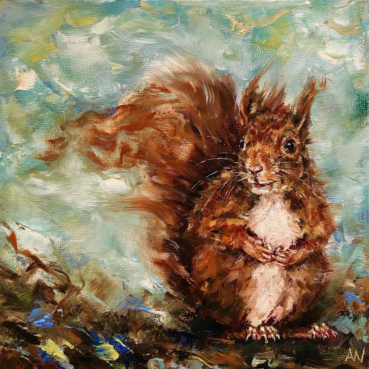 A painting of a happy red squirrel.