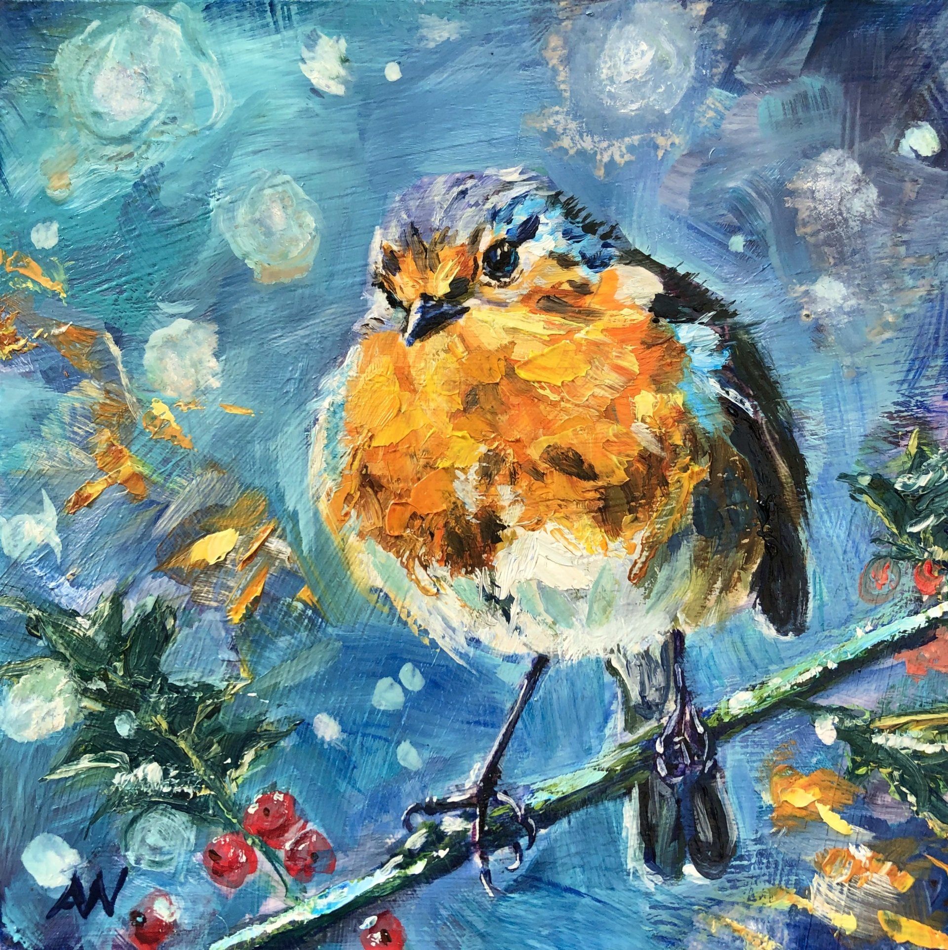 roodborstje, schilderij van een roodborstje, painting of a robin, robin, bird painting, kingfisher painting