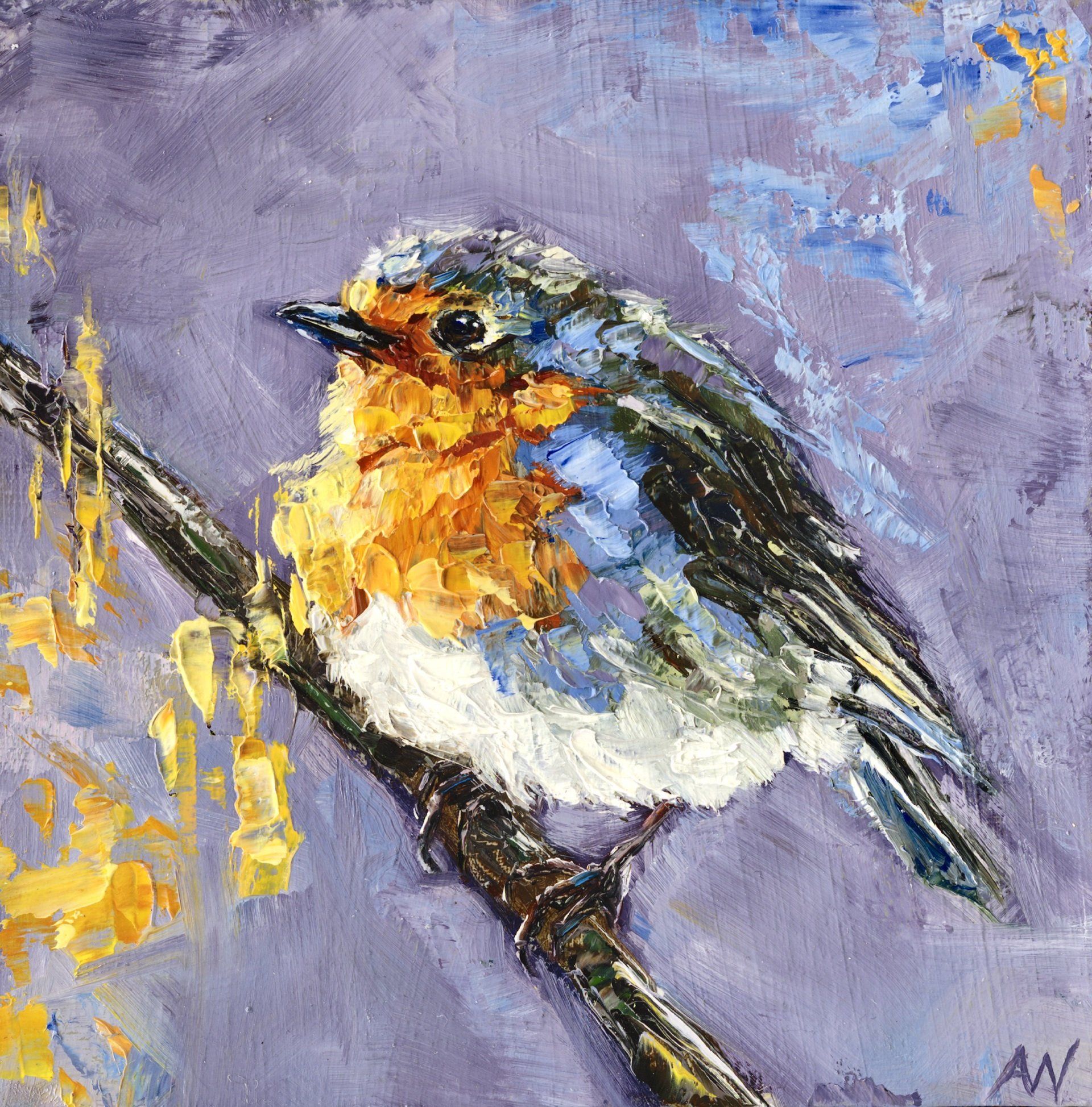 roodborstje, schilderij van een roodborstje, painting of a robin, robin, bird painting, kingfisher painting