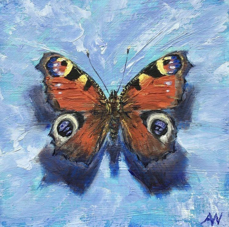 A painting of a European Peacock butterfly on a blue background