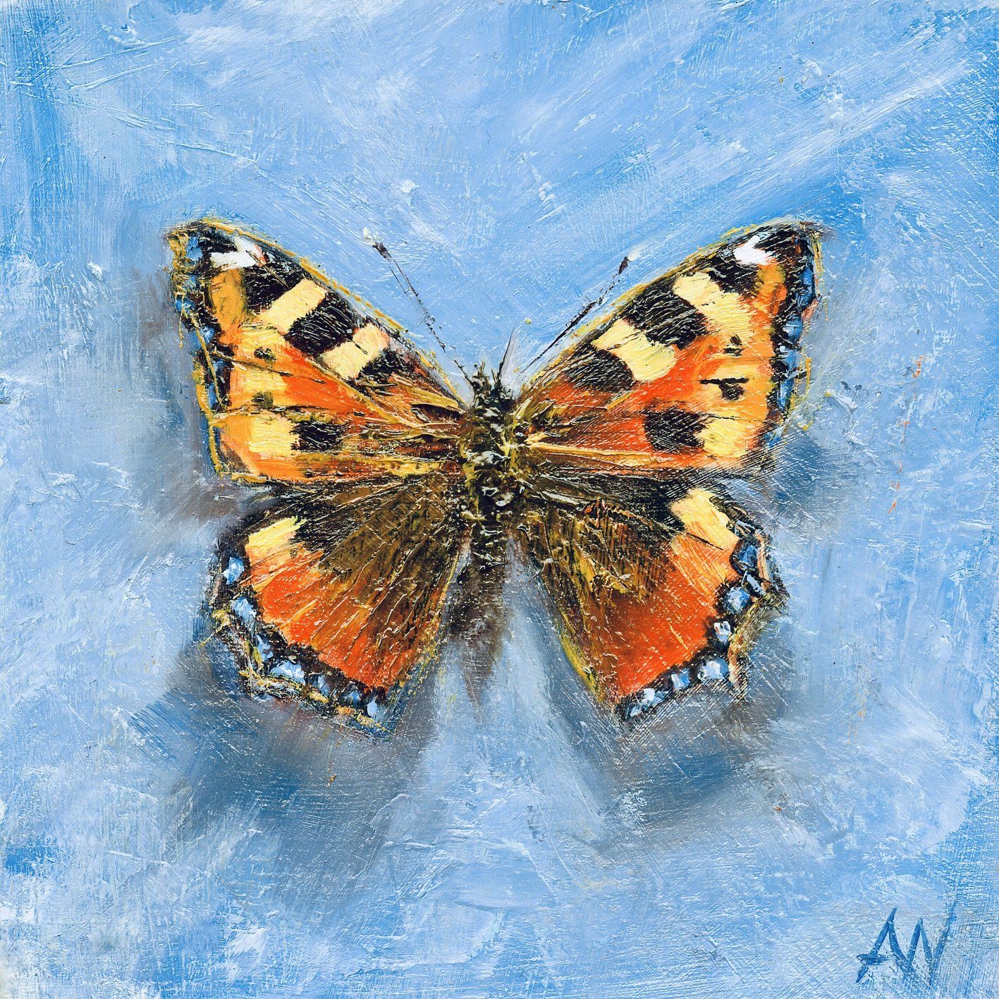 A painting of a small tortoiseshell butterfly on a blue background