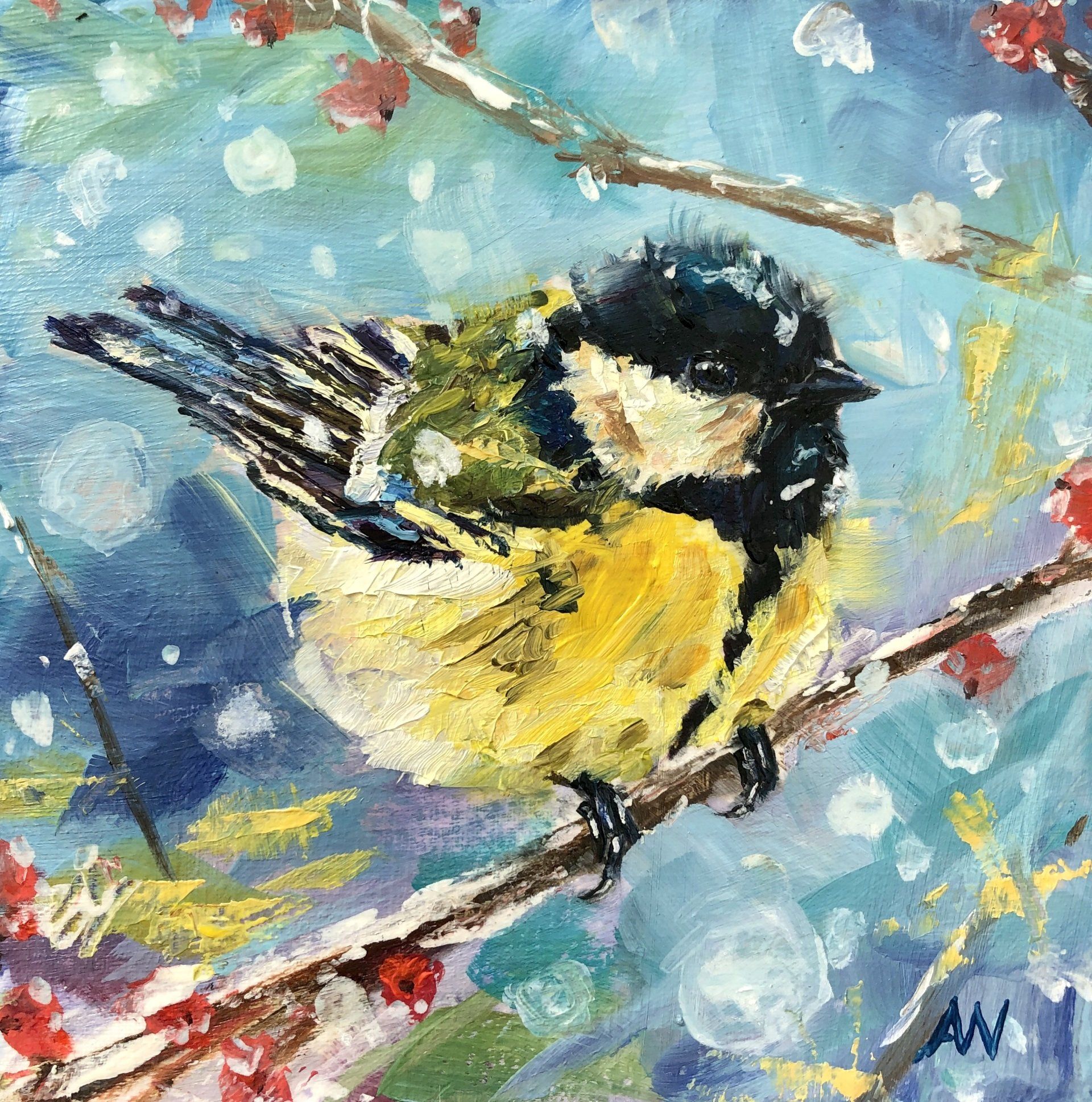 roodborstje, schilderij van een roodborstje, painting of a robin, robin, bird painting, kingfisher painting