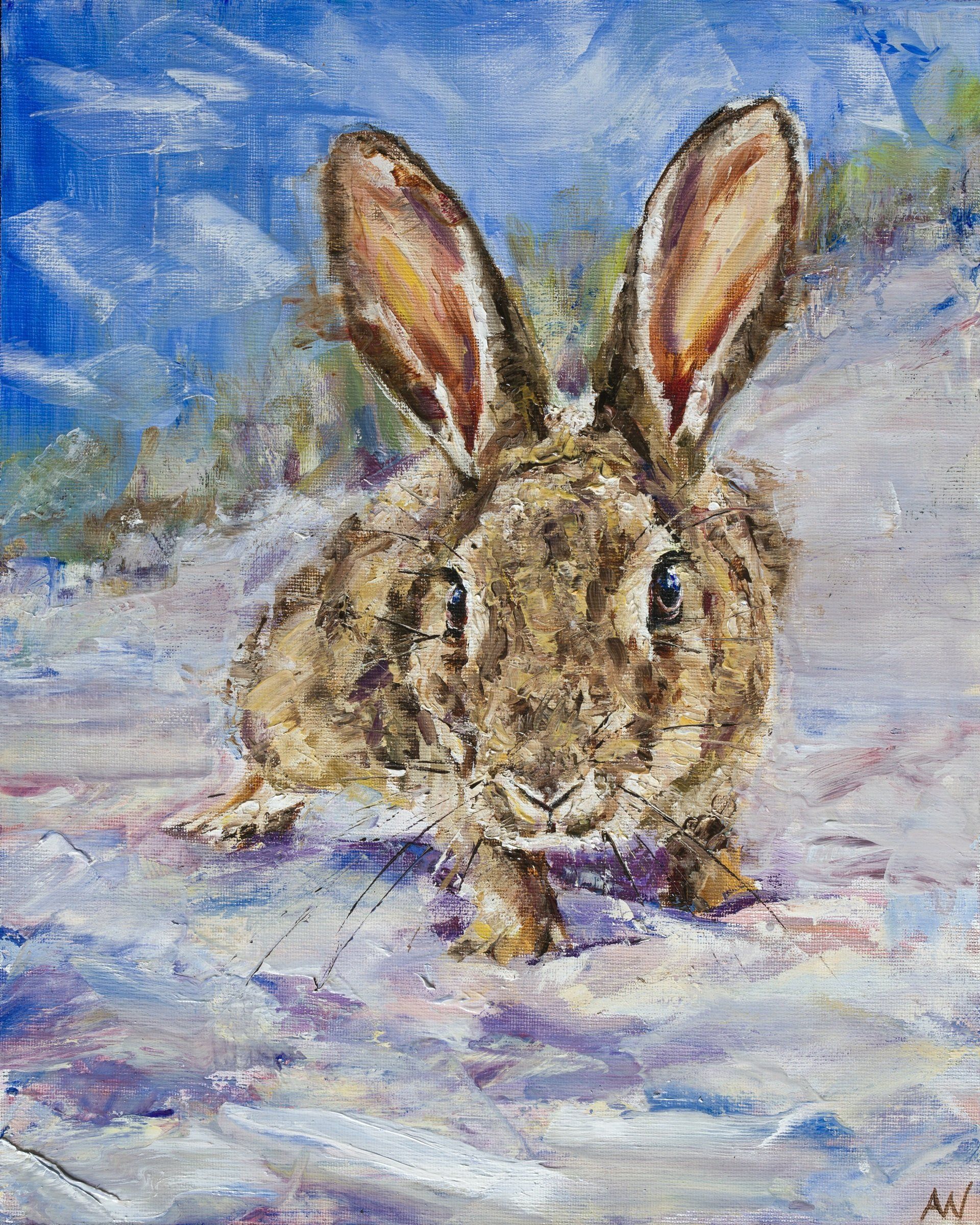 A painting of a wild rabbit with large ears standing in the dunes.