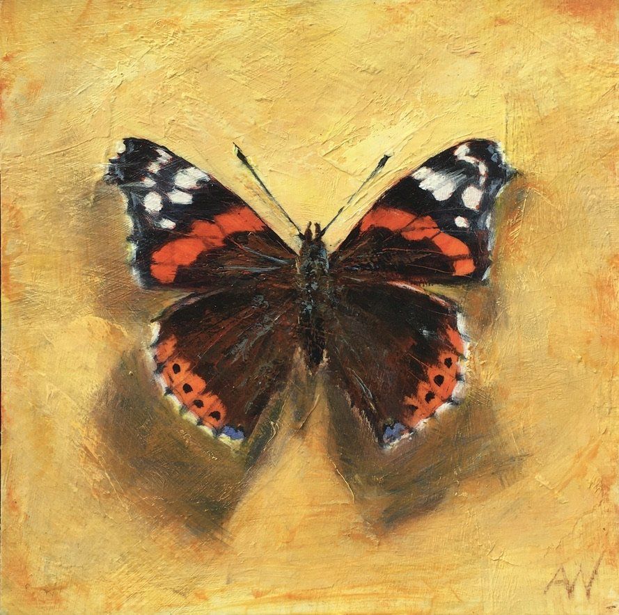 A painting of a red admiral butterfly on a yellow background