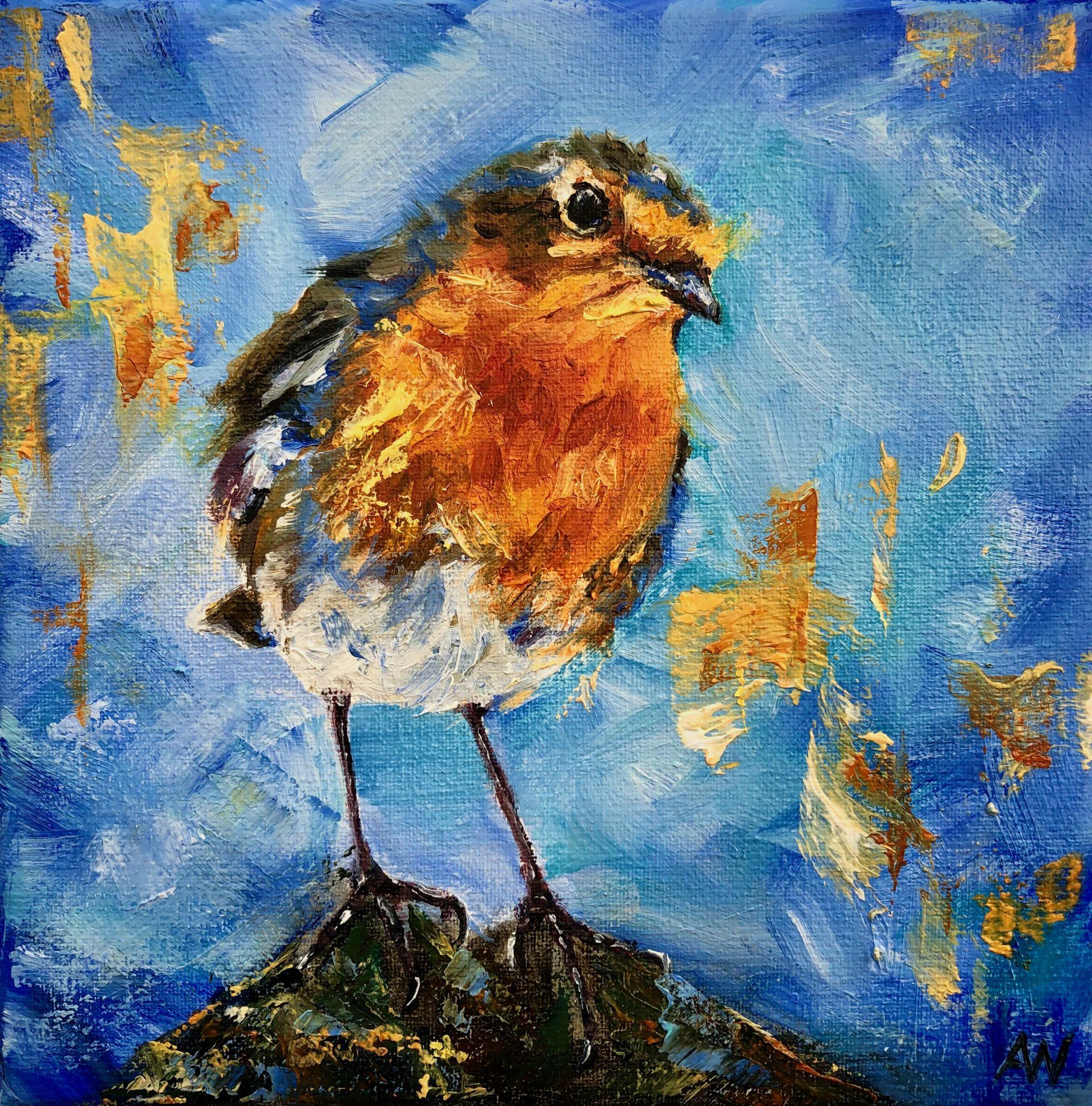 roodborstje, schilderij van een roodborstje, painting of a robin, robin, bird painting, kingfisher painting