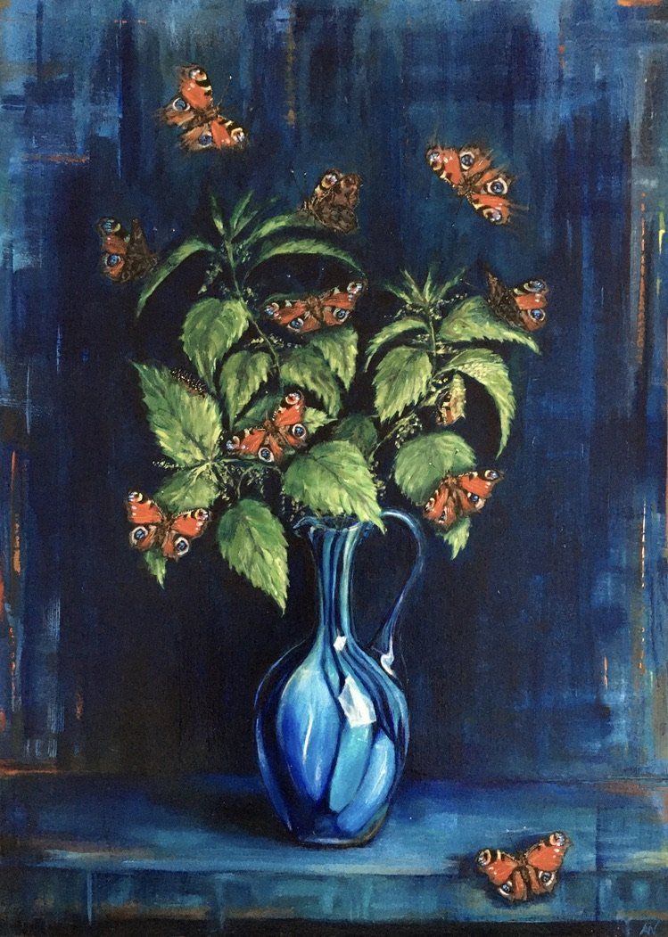 A painting of stinging nettle leaves and flowers in a blue vase with peacock butterflies.