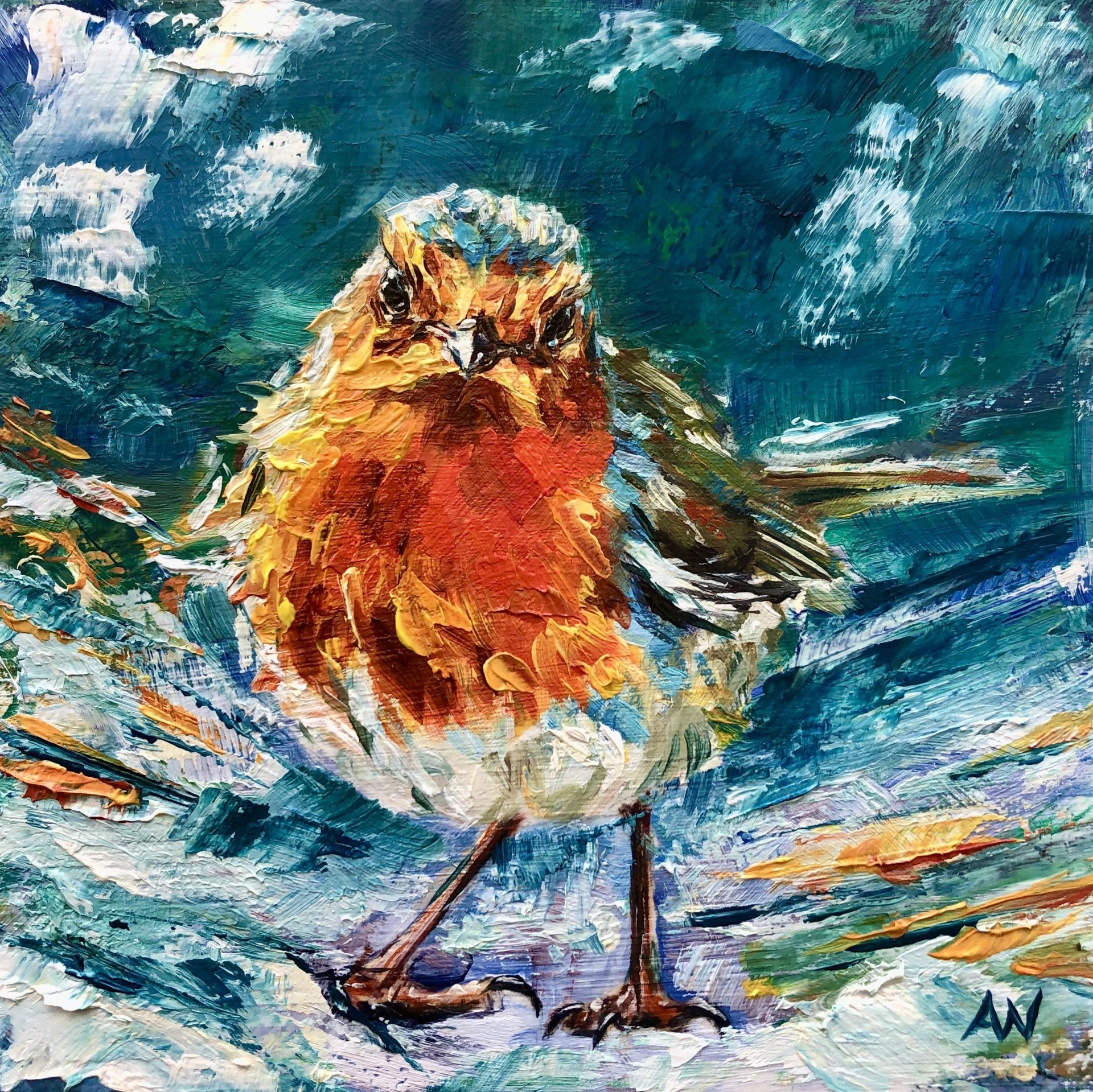 roodborstje, schilderij van een roodborstje, painting of a robin, robin, bird painting, kingfisher painting