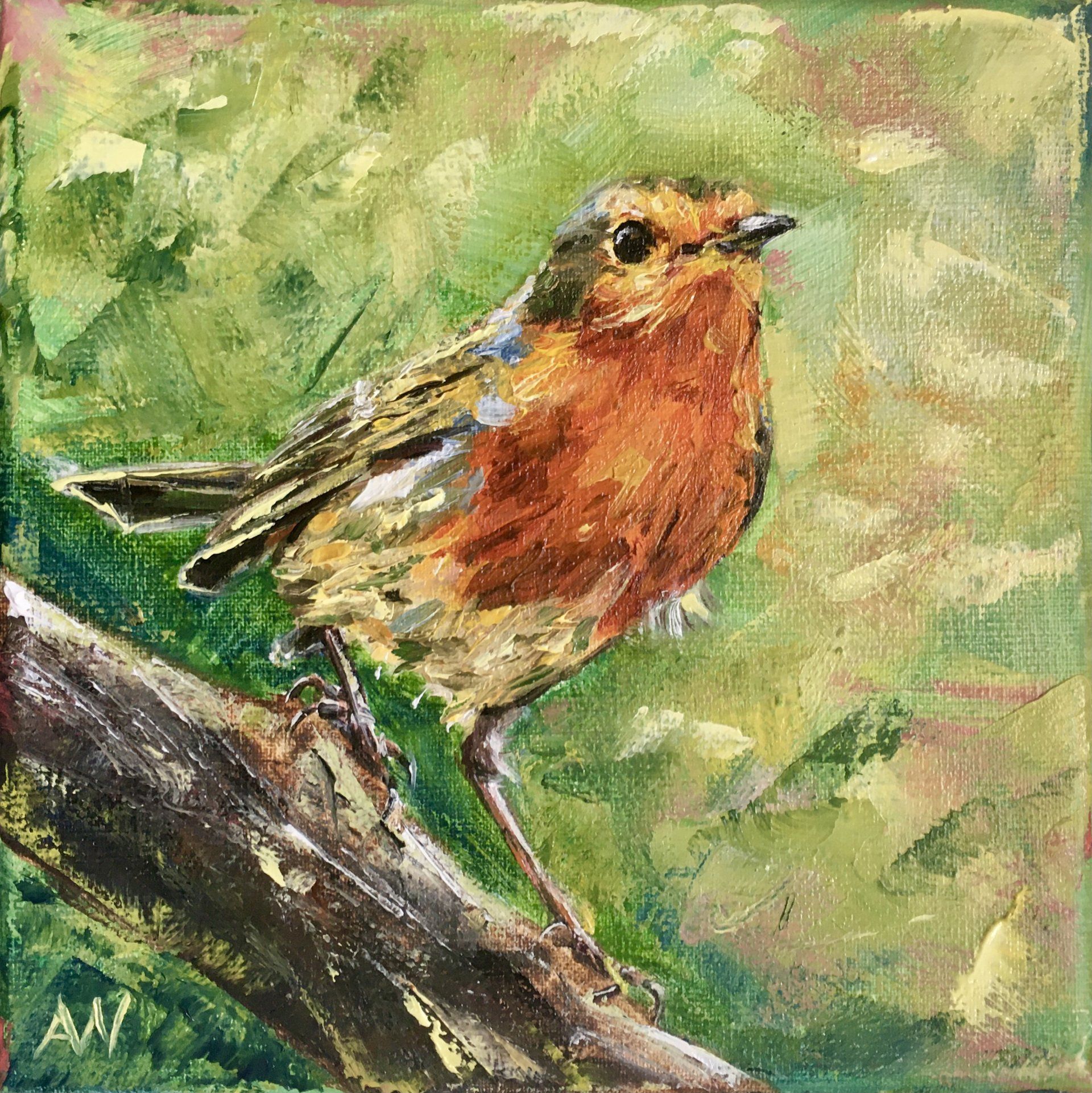 roodborstje, schilderij van een roodborstje, painting of a robin, robin, bird painting, kingfisher painting