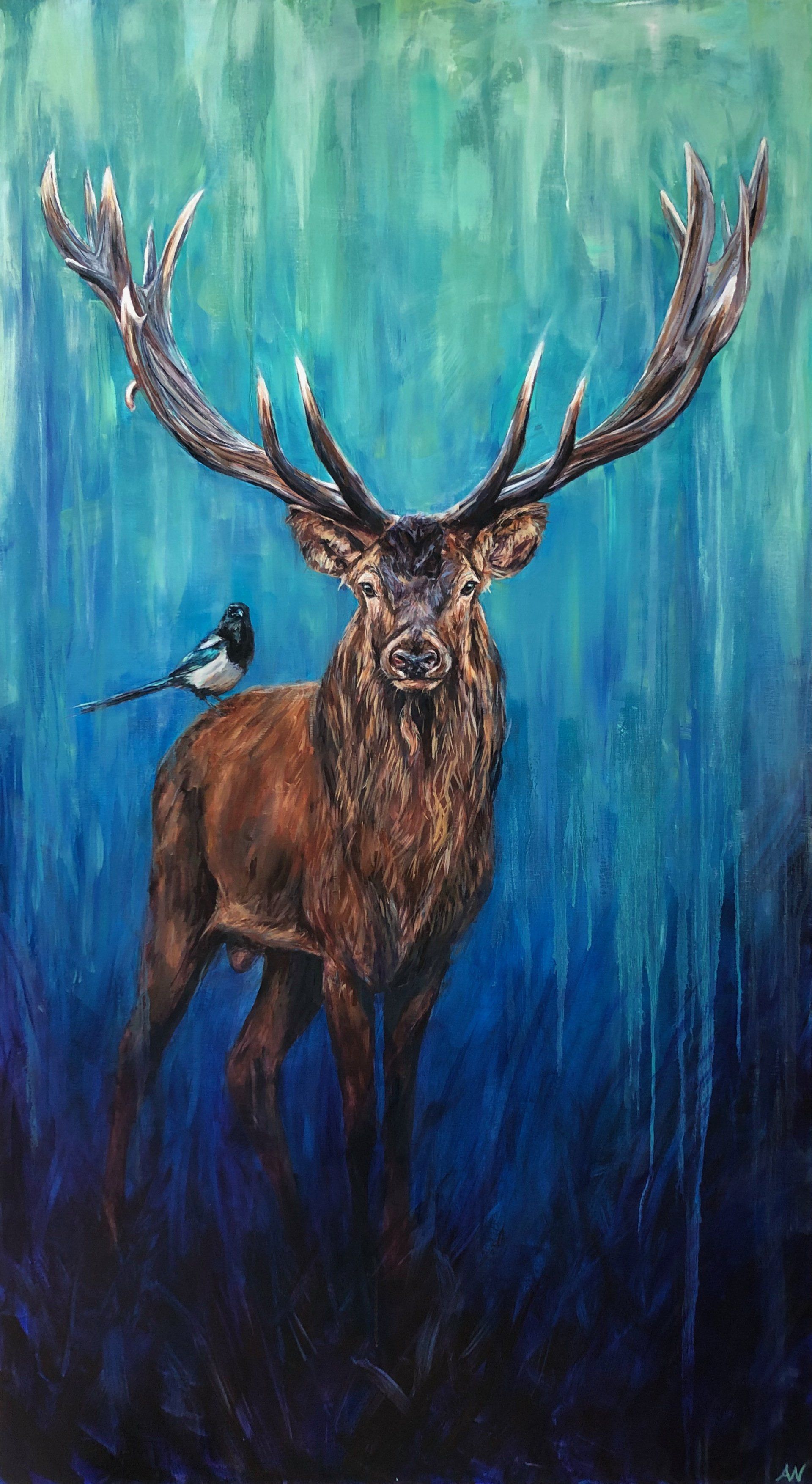 A painting of a red stag / deer with a magpie bird on its back.