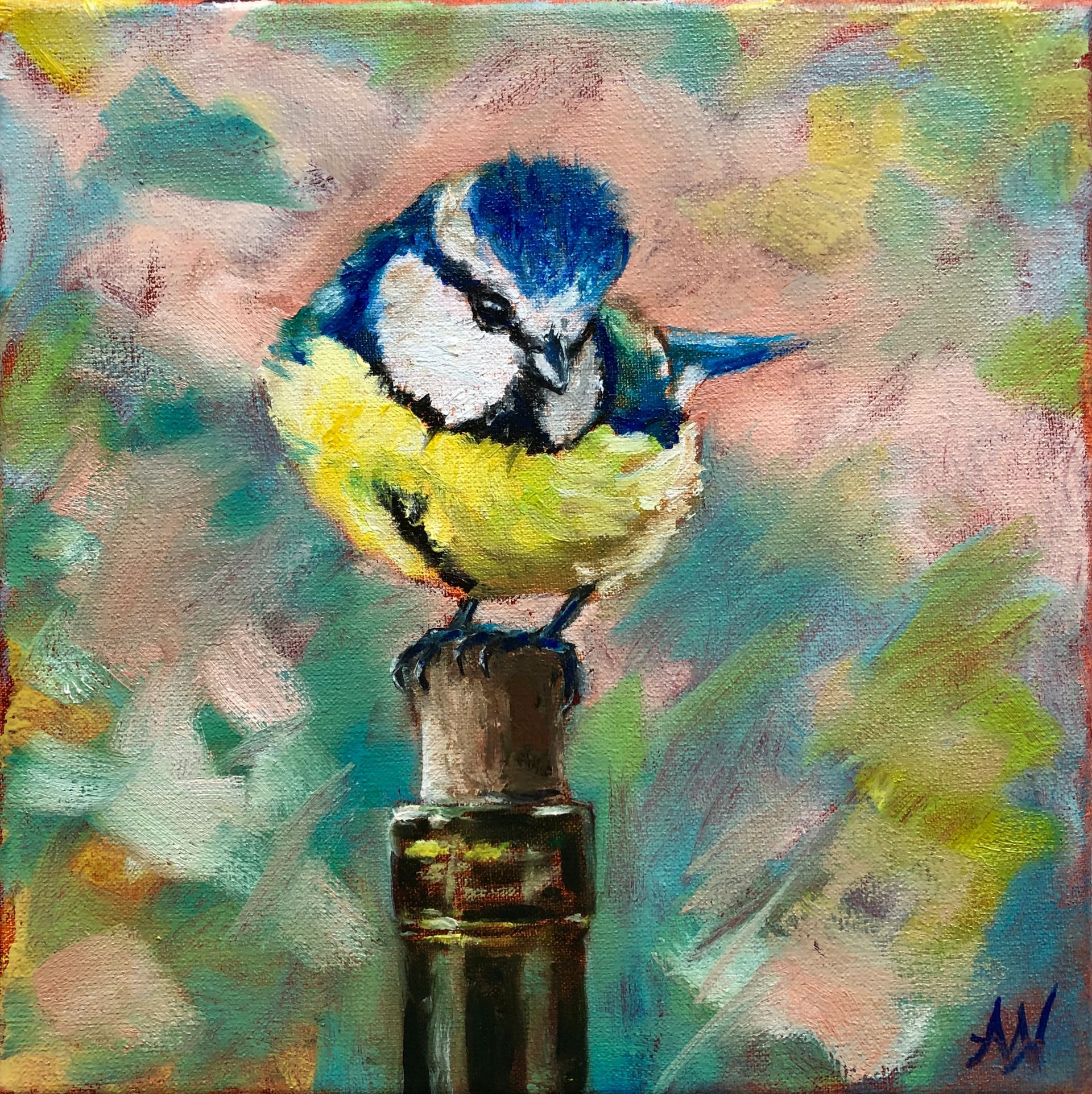A painting of a blue tit perched on a bottle of wine. Een schilderij van een pimpelmeesje op een fles wijn
