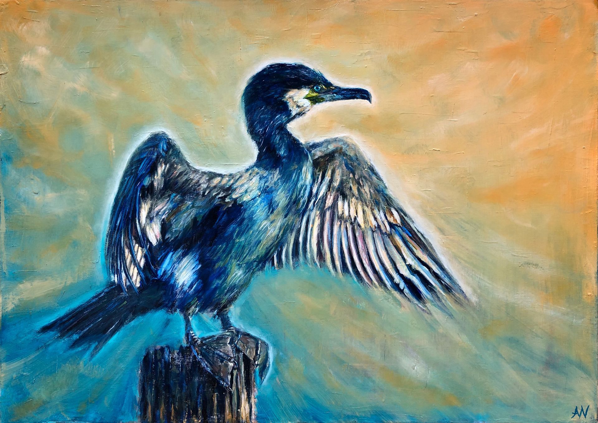 A painting of a cormorant sitting on top of a wooden post with its wings spread, drying wings in the sun, sunlight.