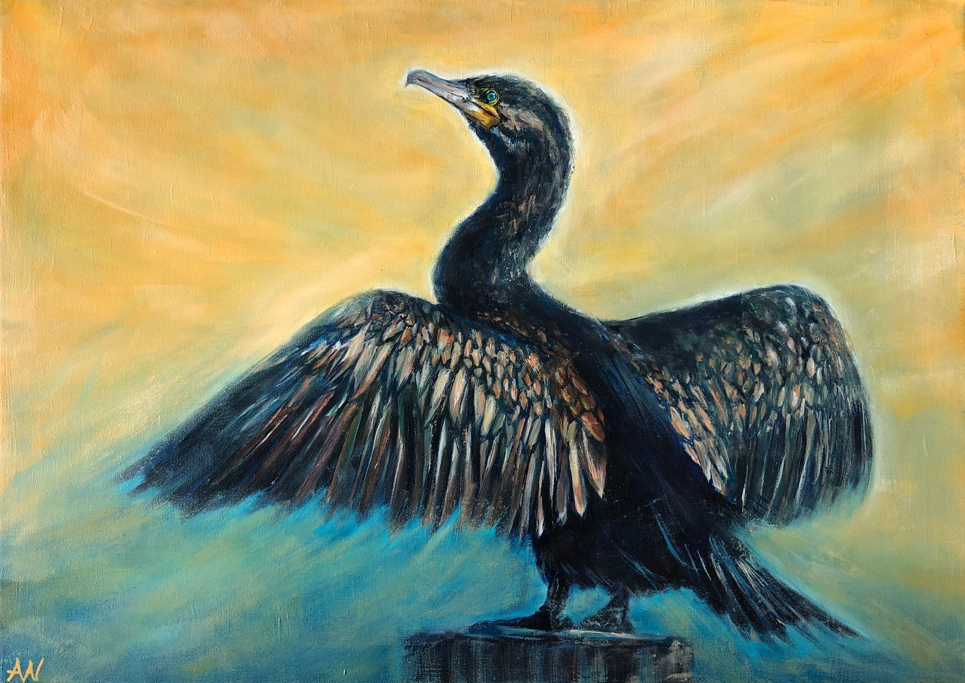 A painting of a cormorant sitting on top of a wooden post with its wings spread, drying wings in the sun, sunlight.