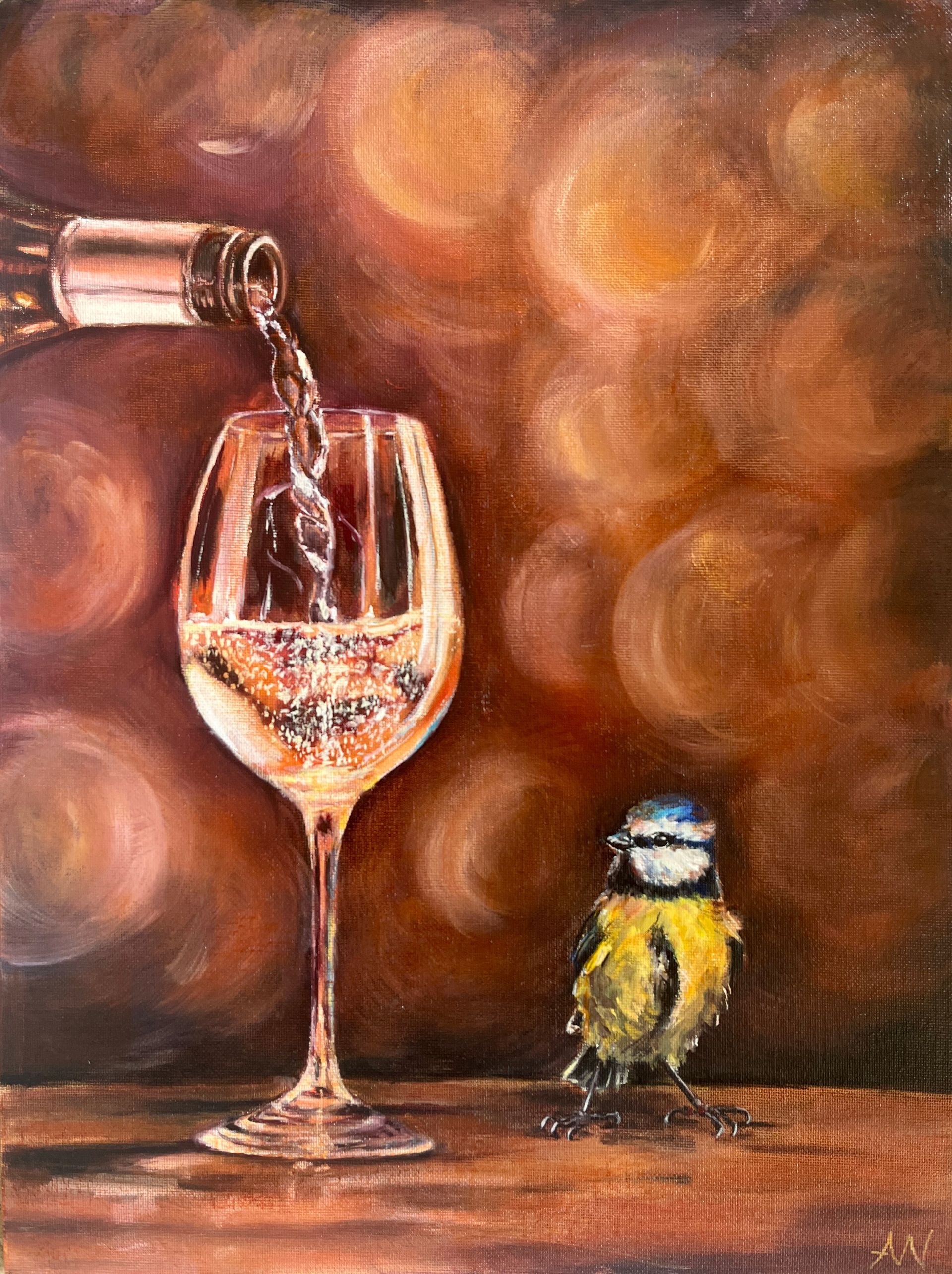 Rose wine being poured into a glass, with a blue tit bird observing; warm, blurred background.