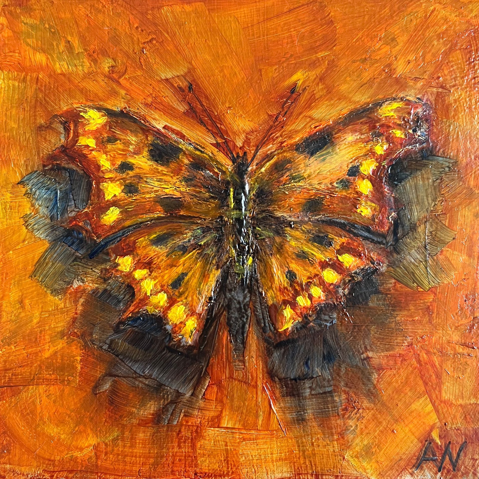 Painting of a comma, Orange and black butterfly with textured wings on an orange background.