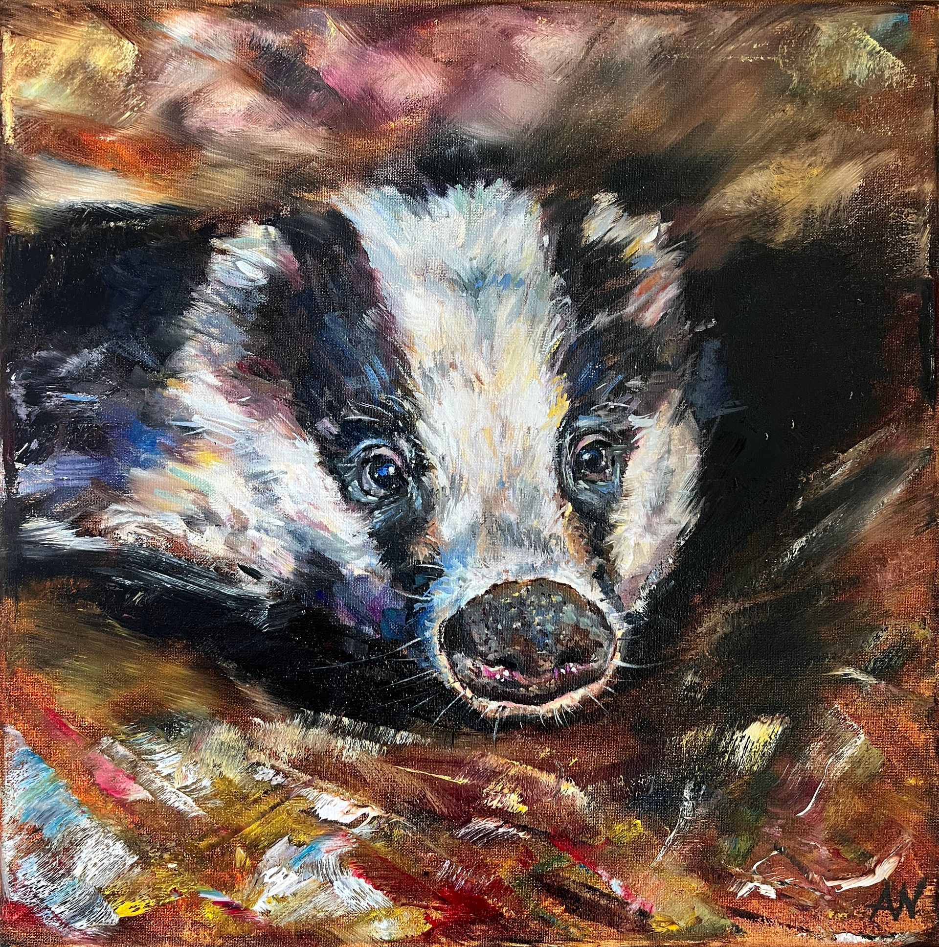 Painting of a badger. Badger peering out of a dark burrow, painted in a loose, expressive style; browns, blacks, and whites.