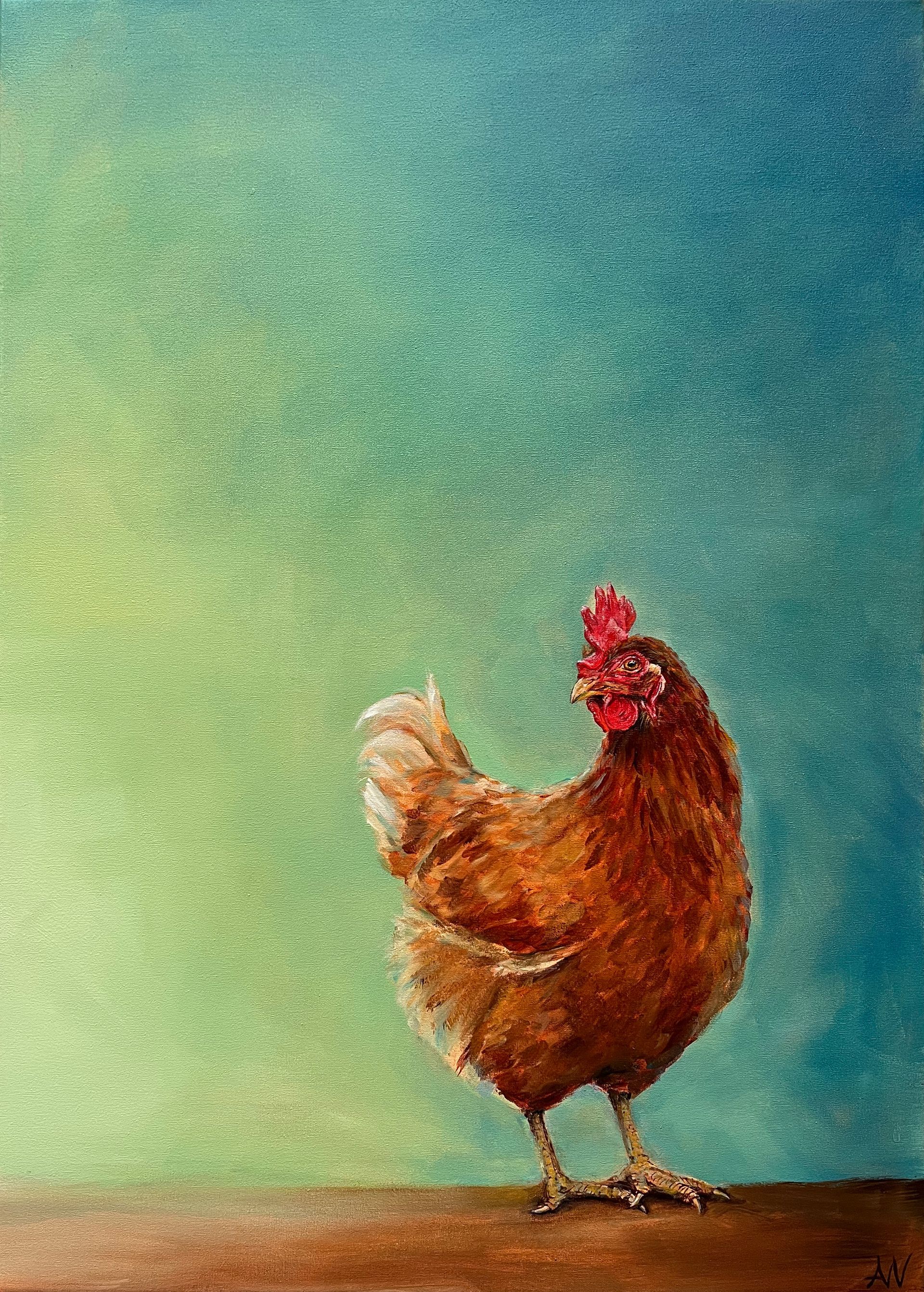 Brown hen standing on a brown surface with a green and blue background.