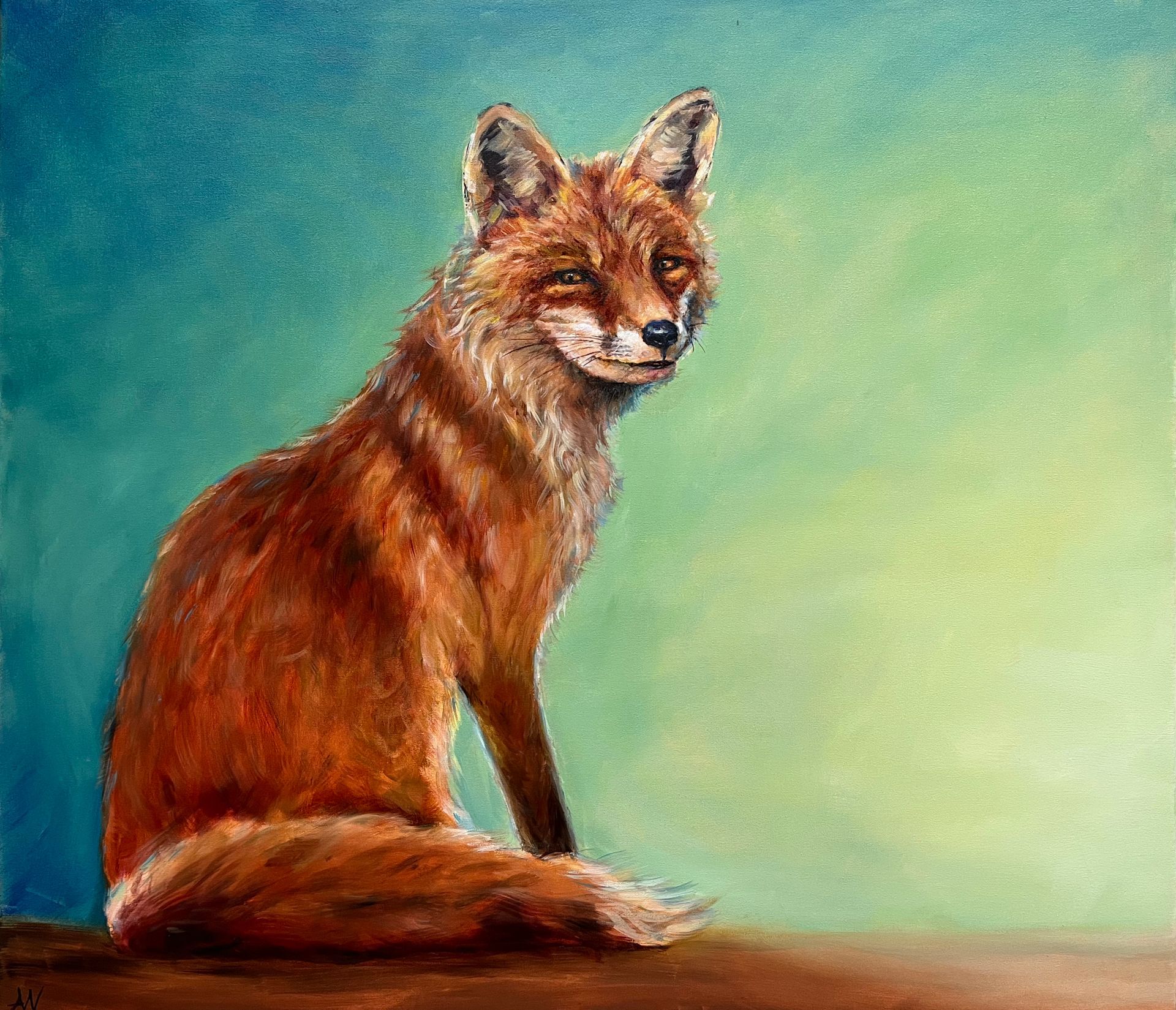 Red fox, with orange fur, sits on a log, looking towards you, against a blue-green background.