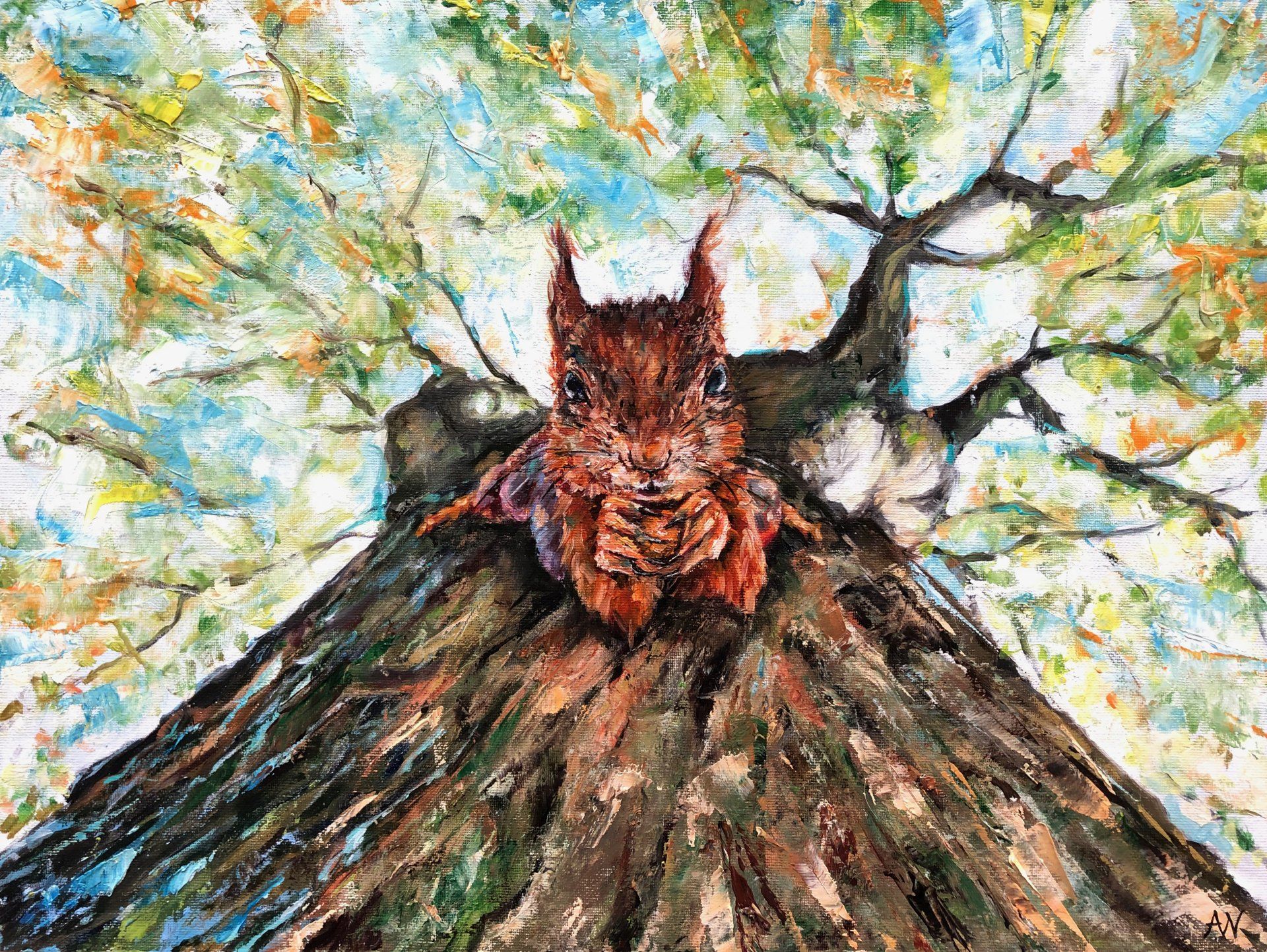 A painting of a squirrel hanging on to a nut while hanging on a tree.