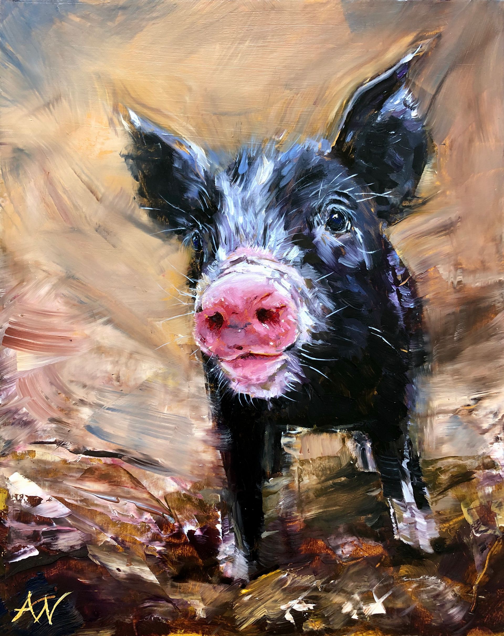 A painting of a Berkshire piglet with a pink nose.