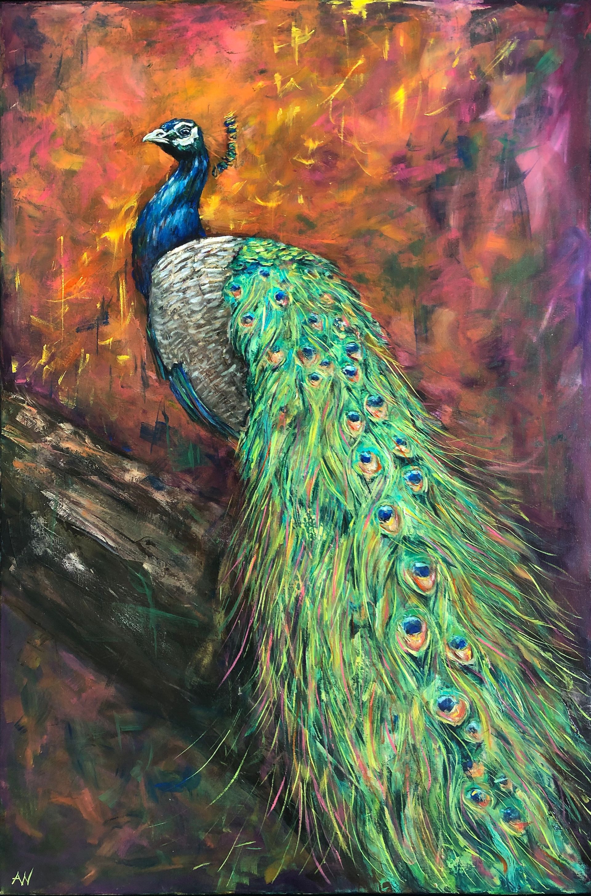 A colourful painting of a peacock