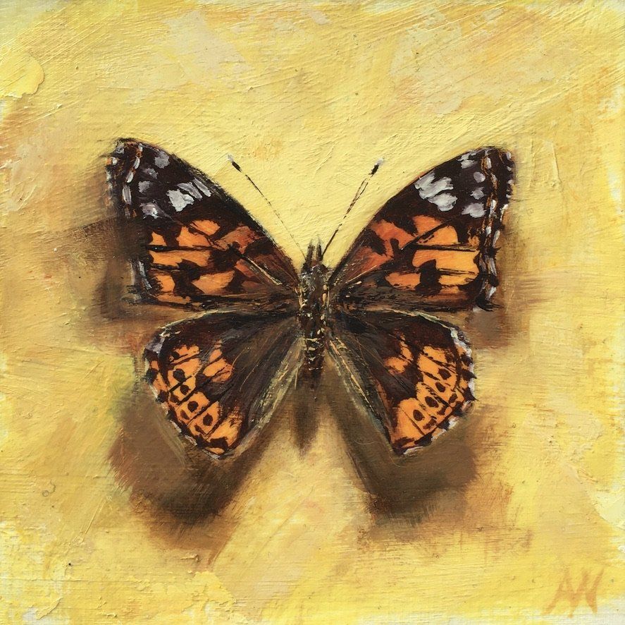 A painting of a Painted Lady butterfly on a yellow background