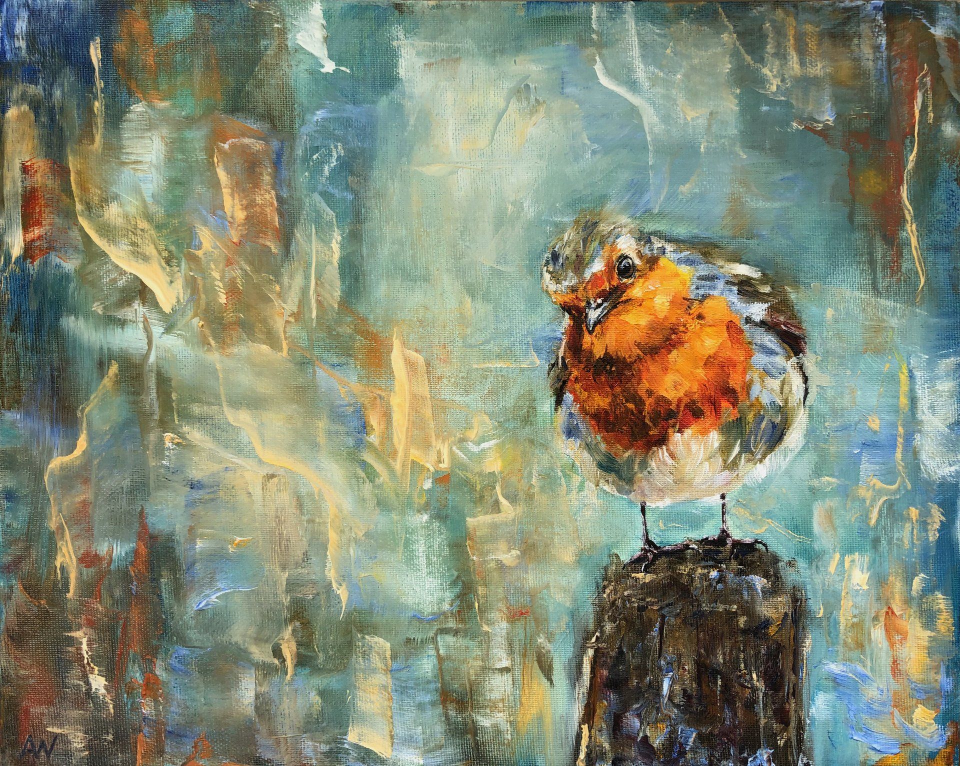 roodborstje, schilderij van een roodborstje, painting of a robin, robin, bird painting, kingfisher painting