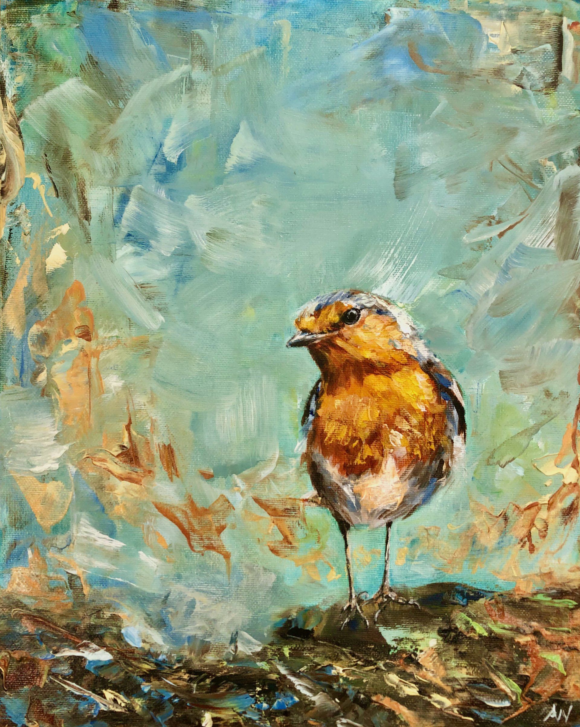 roodborstje, schilderij van een roodborstje, painting of a robin, robin, bird painting, kingfisher painting
