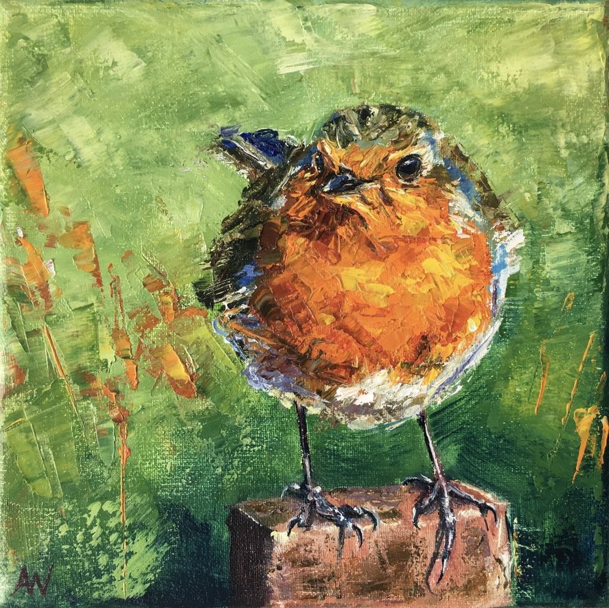 roodborstje, schilderij van een roodborstje, painting of a robin, robin, bird painting, kingfisher painting