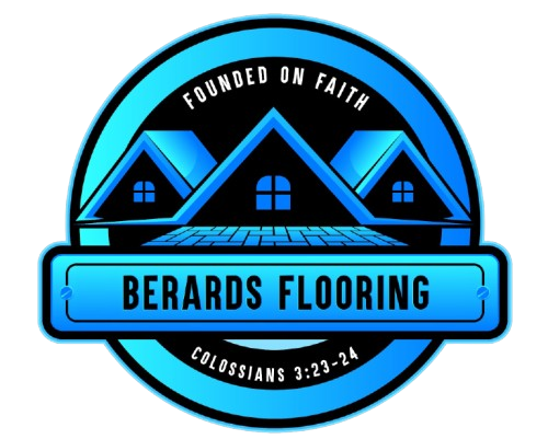 Logo for Berards Flooring: blue houses and text "Founded on Faith", "Berards Flooring" & "Colossians 3:23-24".