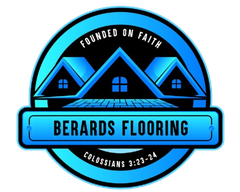 Logo for Berards Flooring: blue houses and text "Founded on Faith", "Berards Flooring" & "Colossians 3:23-24".