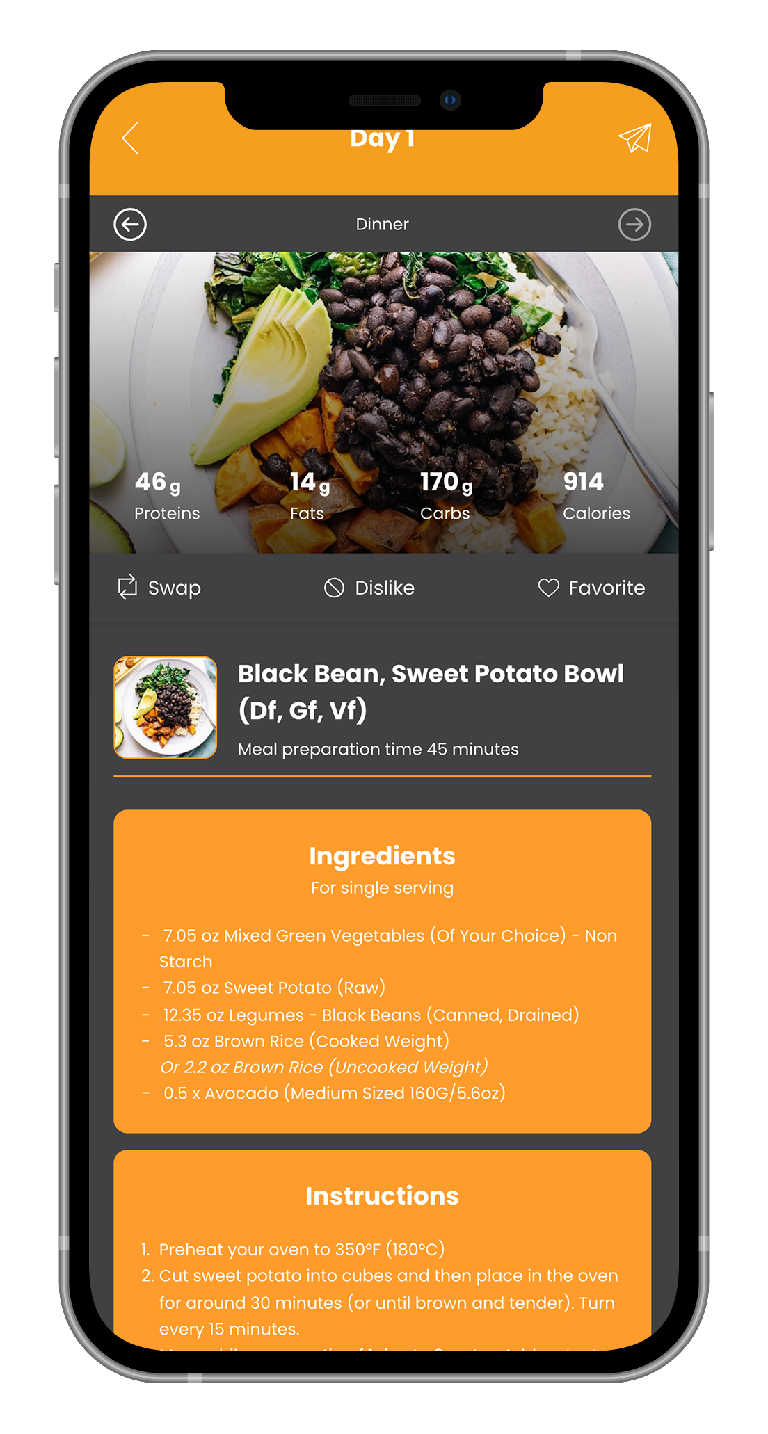Smartphone displaying recipe for a black bean and avocado bowl; orange and white color scheme.