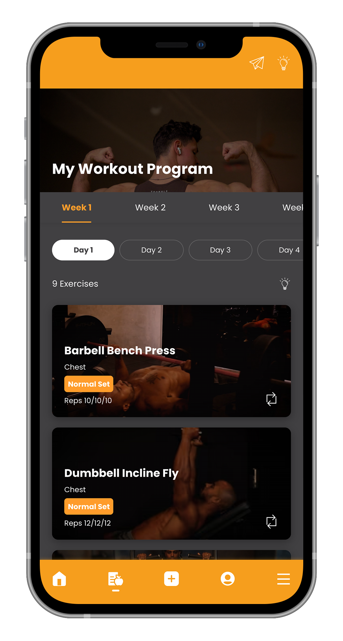 Mobile app showing a workout program, with options for routines and videos.