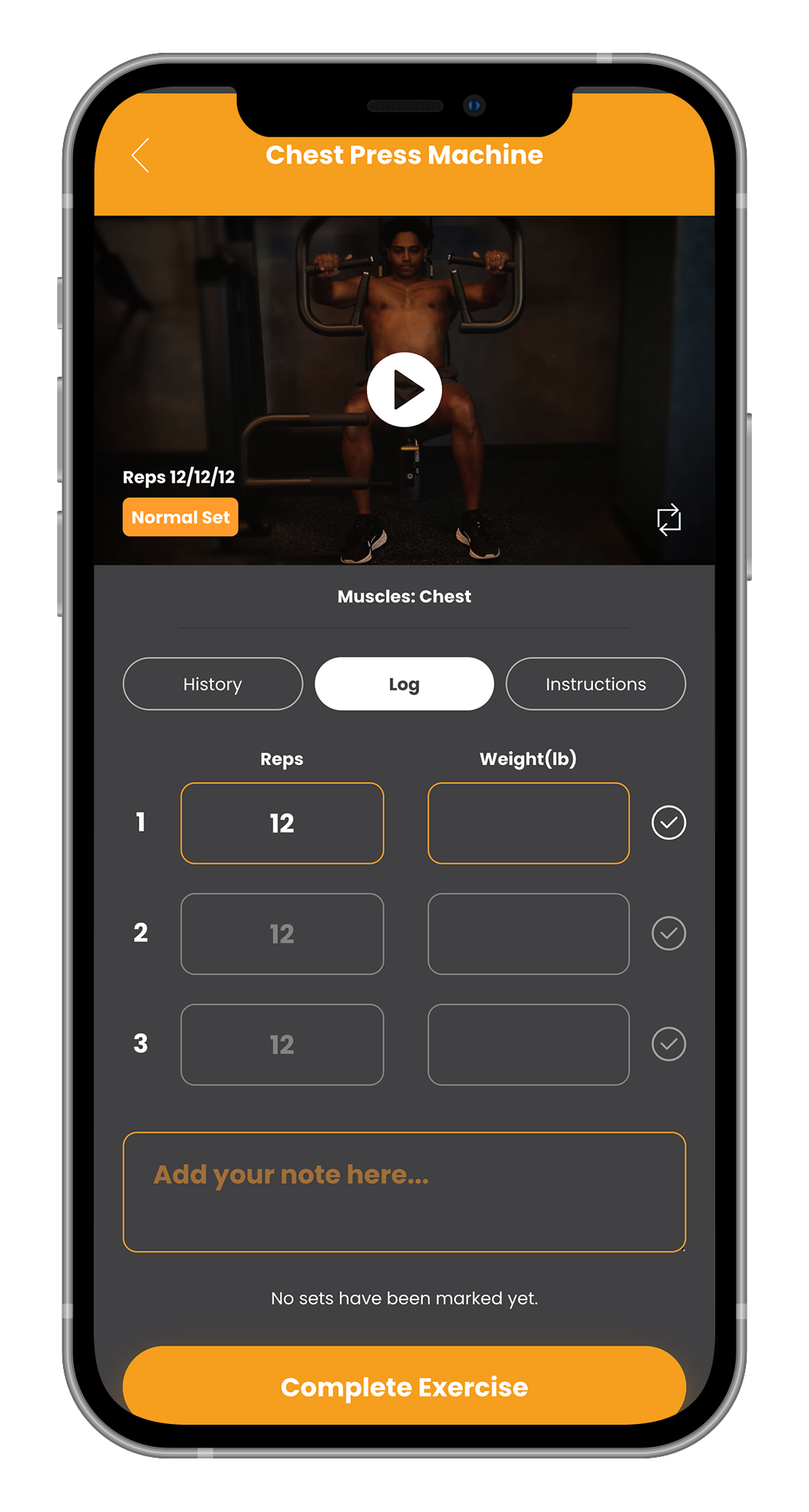 App screen with a workout video and rep/set tracking for a Leg exercise.