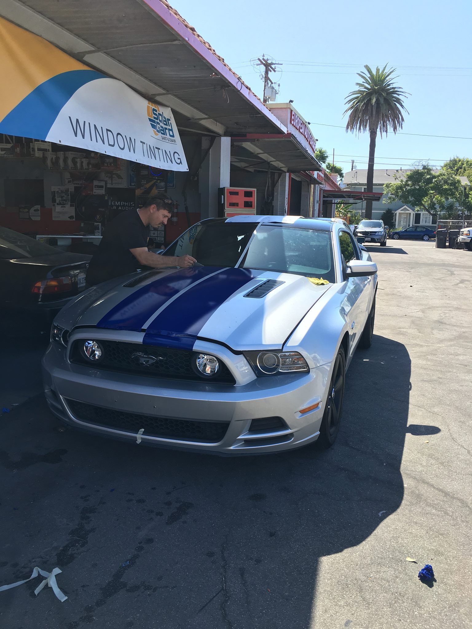 A man is working on the hood of a silver mustang.
