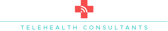 Logo for Telehealth Consultants featuring a red cross with a signal symbol, teal text underneath.