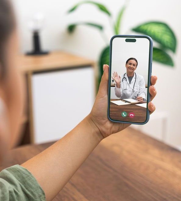 Person holding smartphone, video call with a doctor. Doctor waves from the screen in a medical setting.