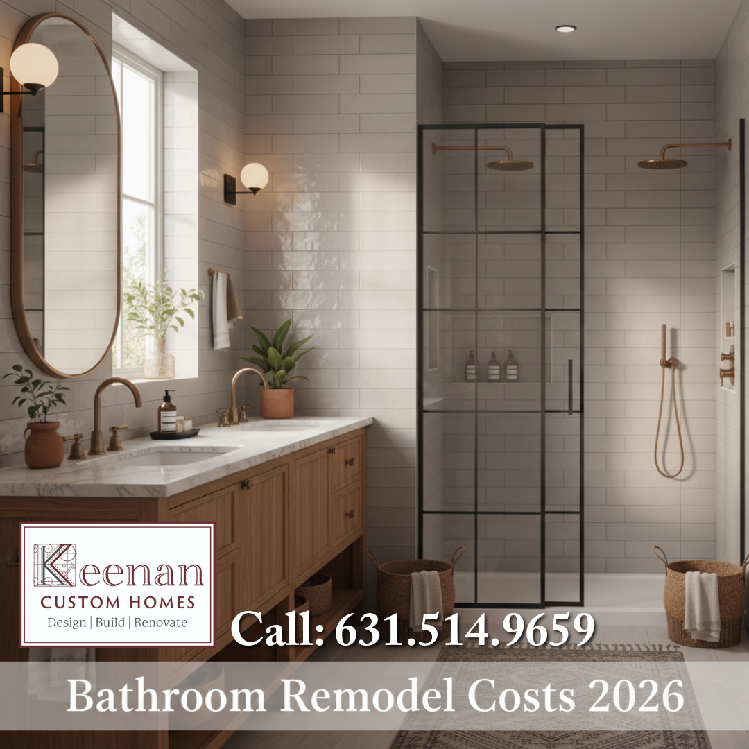Bathroom remodel with wood vanity, black framed shower, and copper fixtures.