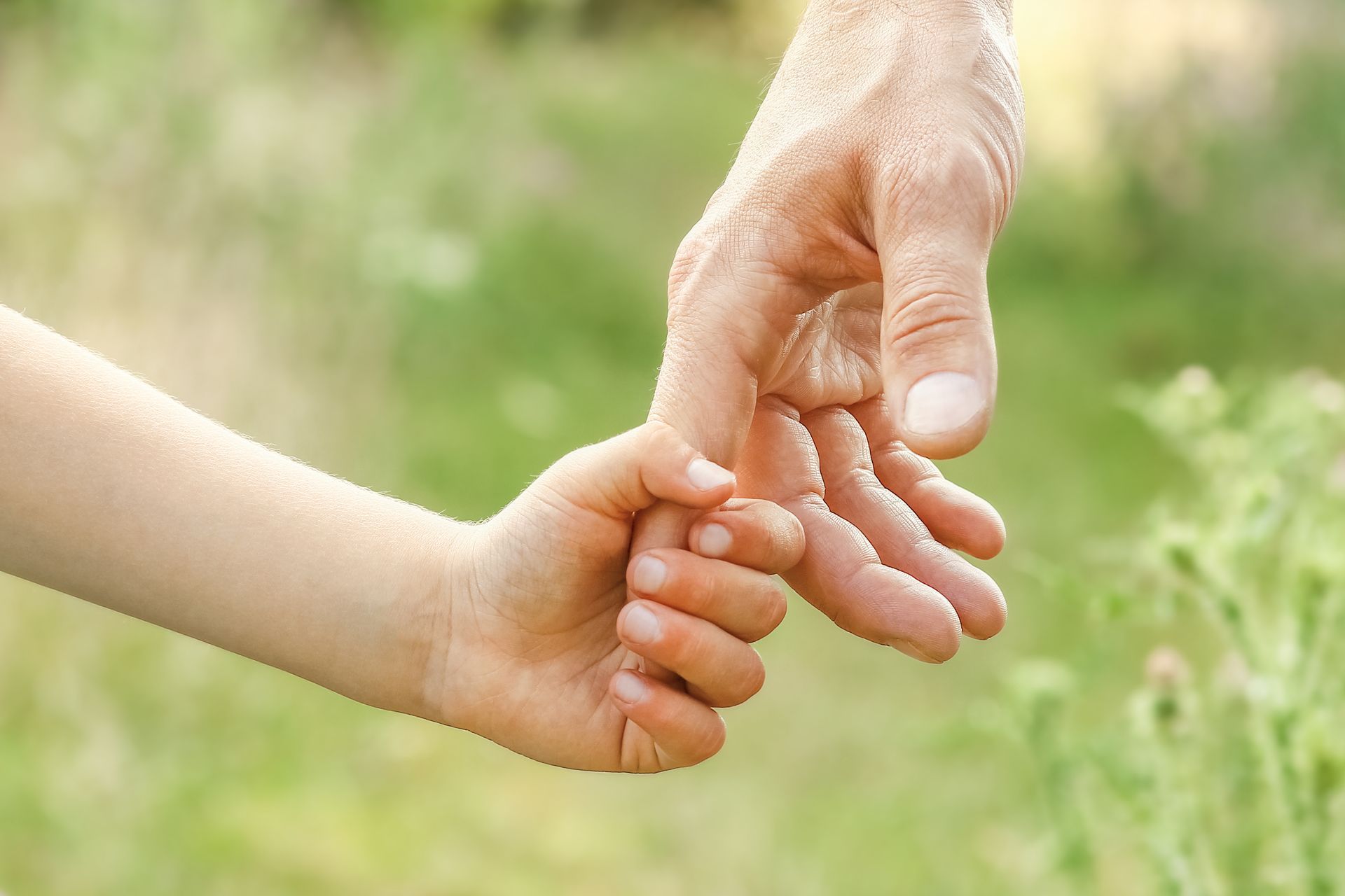 A man is holding a child 's hand in a field.
