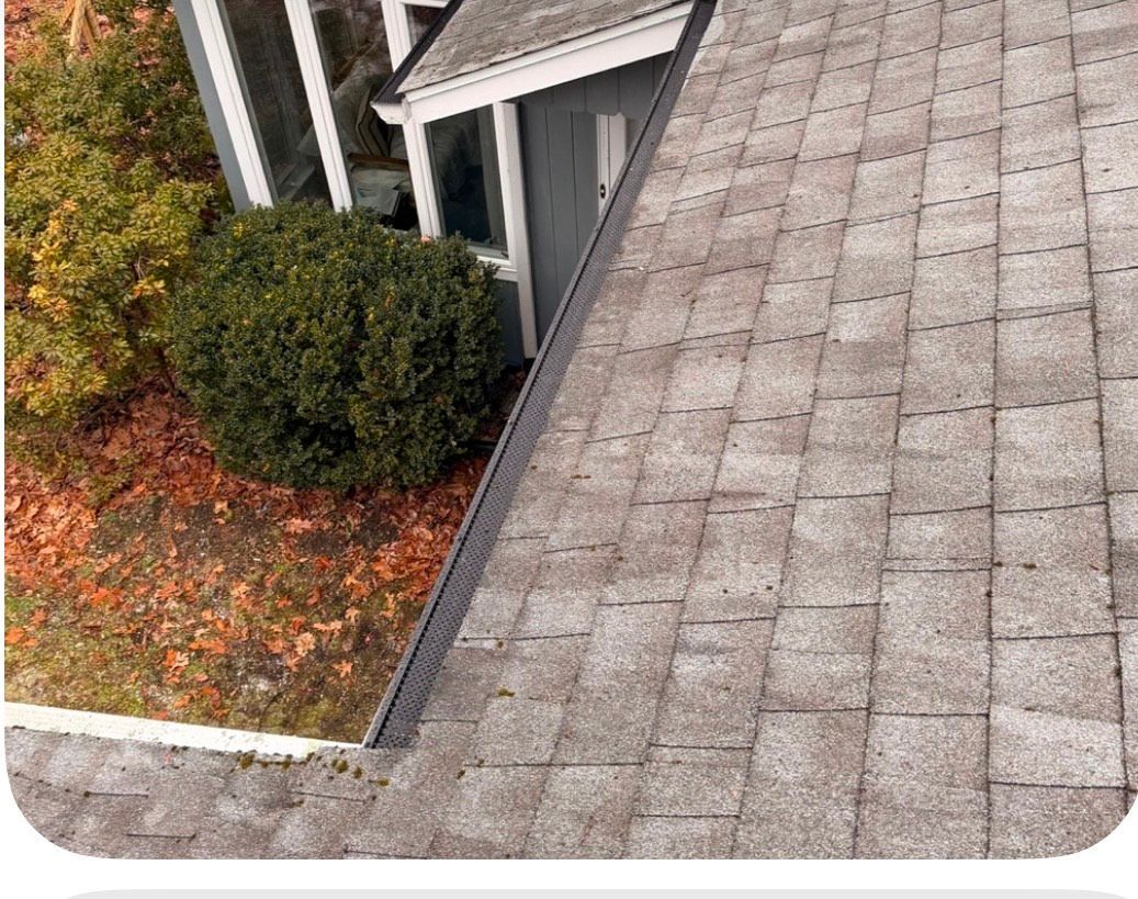 View of a roof with weathered shingles, part of a house with greenery and foliage nearby.