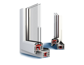 Un'immagine di una finestra bianca con rifiniture rosse su uno sfondo bianco.