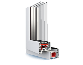 Primo piano di una finestra bianca con rifiniture rosse su sfondo bianco.