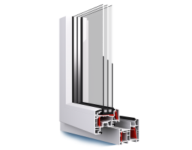 Primo piano di una finestra bianca con rifiniture rosse su sfondo bianco.