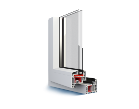 Una finestra di plastica bianca con una rifinitura rossa su uno sfondo bianco.