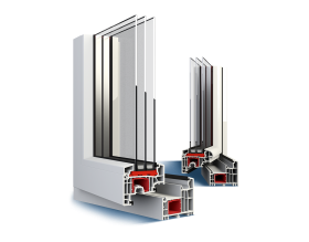 Un'immagine di una finestra bianca con rifiniture rosse su uno sfondo bianco.