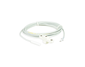 Un cavo bianco con due connettori su uno sfondo bianco.