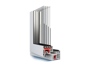 Un primo piano di una finestra bianca con una rifinitura rossa su uno sfondo bianco.